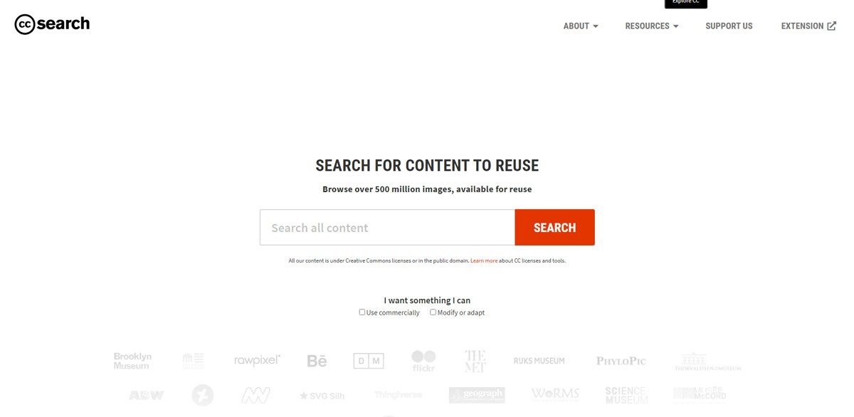 Captura de tela do site CC Search, uma das opções de buscadores de imagens gratuitas