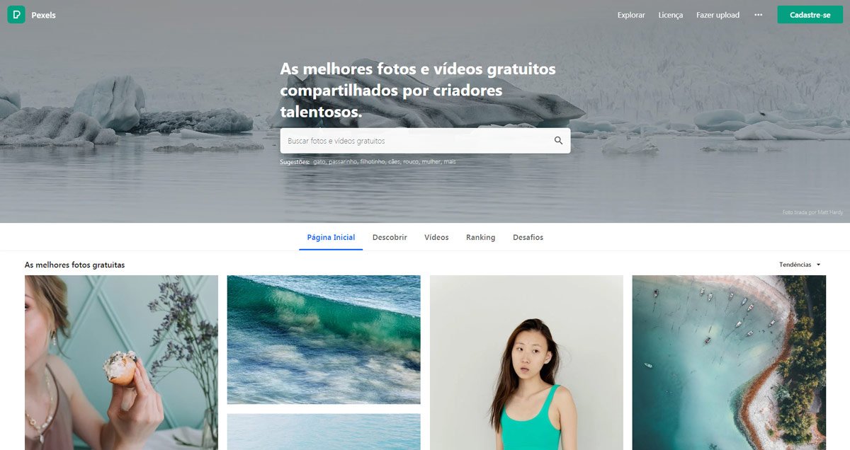 Captura de tela do site Pexels, uma das opções de bancos de imagens gratuitos