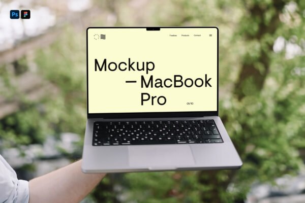 Mockup de MacBook Pro sendo segurado por braço livre