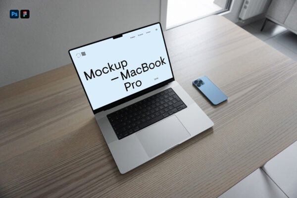 Mockup de MacBook Pro gratuito em mesa de escritório